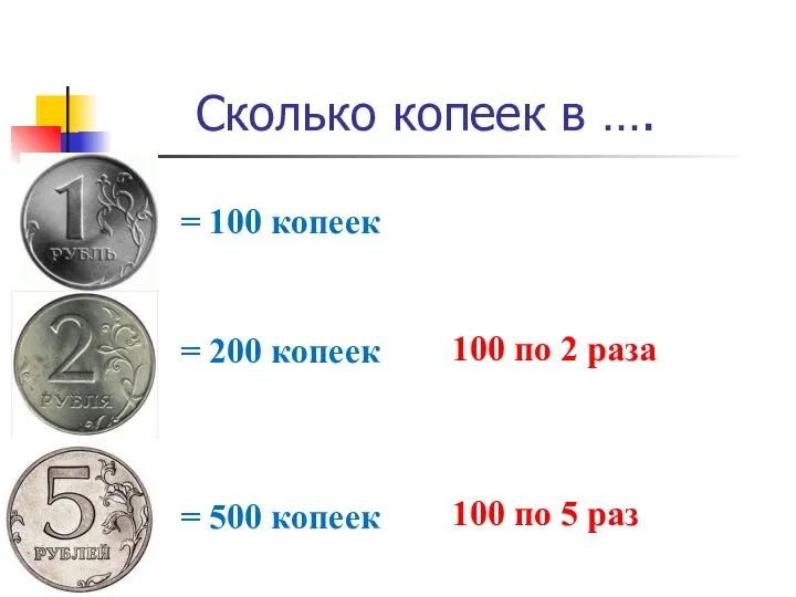 Сколько копеек в …. = 100 копеек = 200 копеек 100