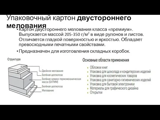 Упаковочный картон двустороннего мелования Картон двустороннего мелования класса «премиум». Выпускается массой