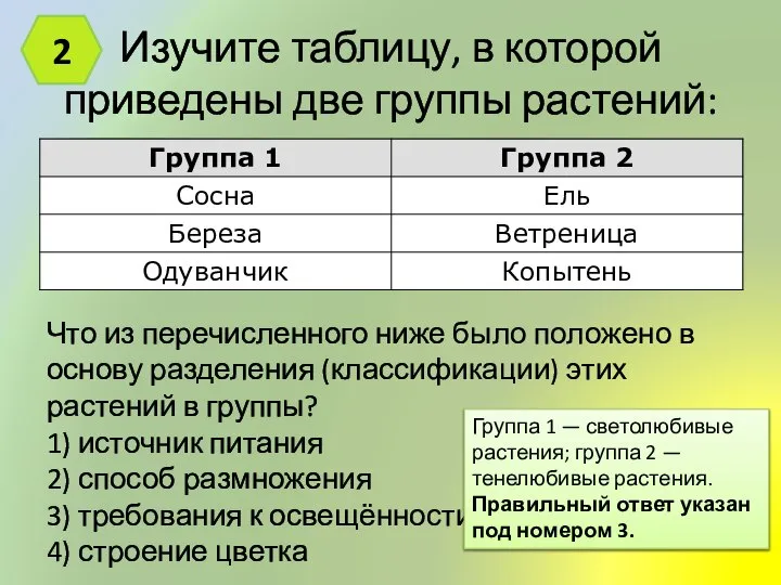 Изучите таблицу, в которой приведены две группы растений: Что из перечисленного