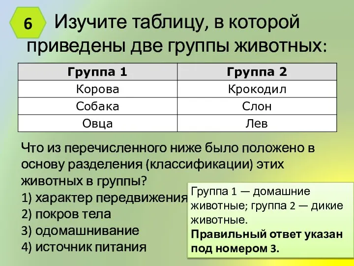 Изучите таблицу, в которой приведены две группы животных: 6 Что из