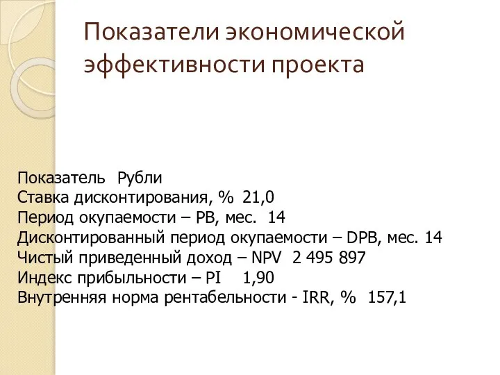 Показатели экономической эффективности проекта Показатель Рубли Ставка дисконтирования, % 21,0 Период