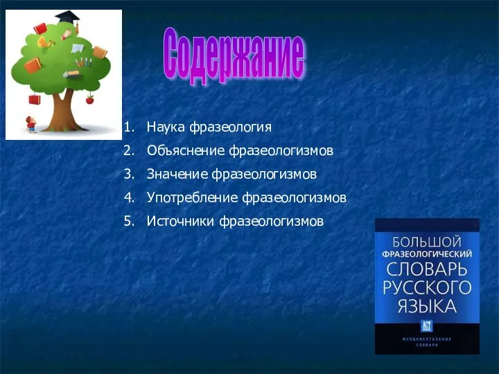 Содержание Наука фразеология Объяснение фразеологизмов Значение фразеологизмов Употребление фразеологизмов Источники фразеологизмов