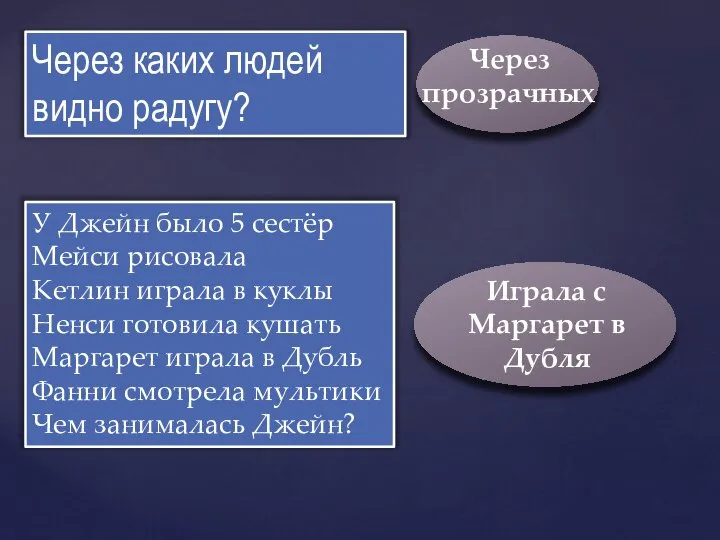 Через каких людей видно радугу? У Джейн было 5 сестёр Мейси