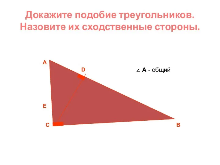 Докажите подобие треугольников. Назовите их сходственные стороны. С А В D E ∠ А - общий