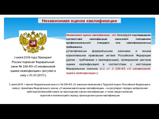 Независимая оценка квалификации 3 июля 2016 года Президент России подписал Федеральный