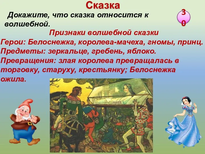 Признаки волшебной сказки Герои: Белоснежка, королева-мачеха, гномы, принц. Предметы: зеркальце, гребень,