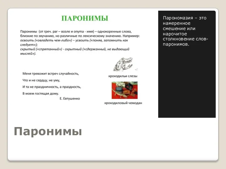 Паронимы Парономазия – это намеренное смешение или нарочитое столкновение слов-паронимов.