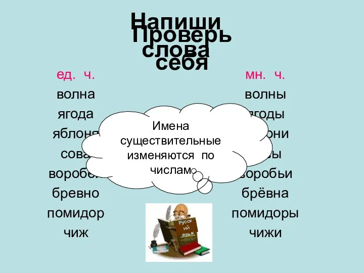 Напиши слова ед. ч. волна ягода яблоня сова воробей бревно помидор