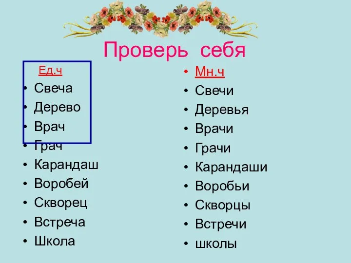 Проверь себя Ед.ч Свеча Дерево Врач Грач Карандаш Воробей Скворец Встреча