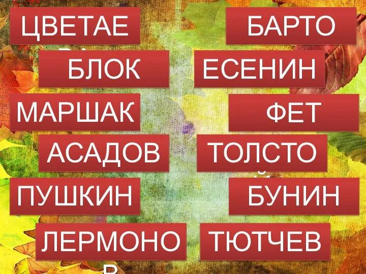 ПУШКИН ТЮТЧЕВ ЕСЕНИН ТОЛСТОЙ ЛЕРМОНОВ МАРШАК БАРТО ФЕТ БУНИН ЦВЕТАЕВА АСАДОВ БЛОК