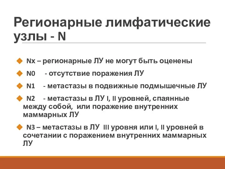 Регионарные лимфатические узлы - N Nх – регионарные ЛУ не могут