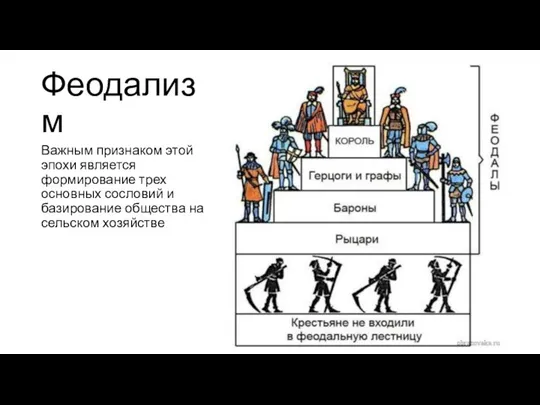 Феодализм Важным признаком этой эпохи является формирование трех основных сословий и базирование общества на сельском хозяйстве