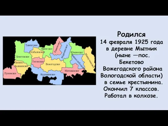 Родился 14 февраля 1925 года в деревне Мытник (ныне —пос. Бекетово