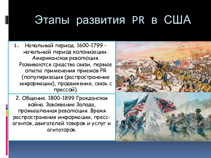 Этапы развития PR в США Начальный период. 1600-1799 - начальный период