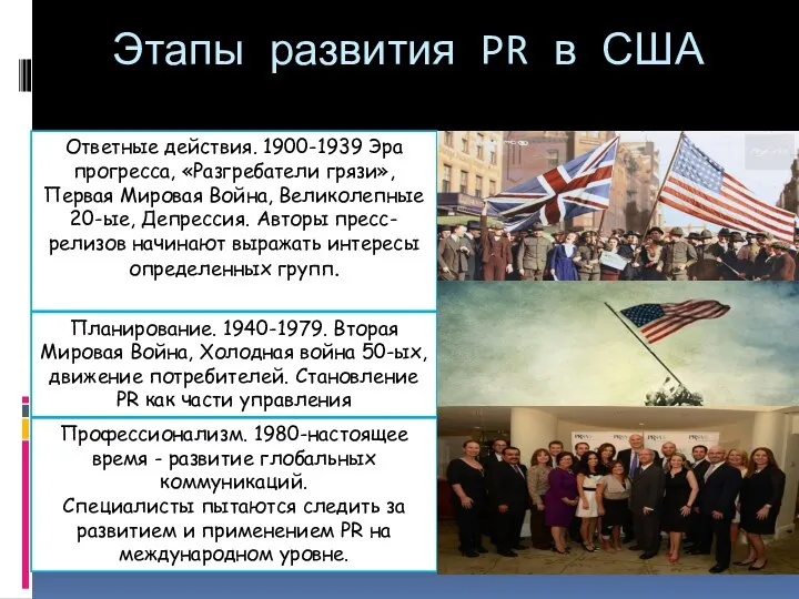 Этапы развития PR в США Ответные действия. 1900-1939 Эра прогресса, «Разгребатели