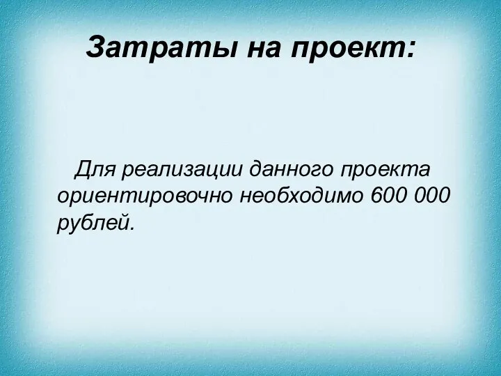 Затраты на проект: Для реализации данного проекта ориентировочно необходимо 600 000 рублей.