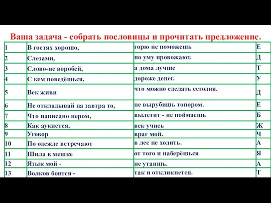 Ваша задача - собрать пословицы и прочитать предложение.