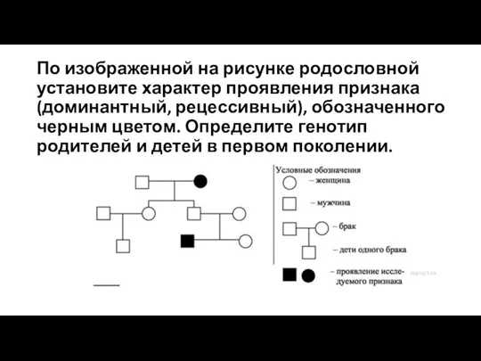 По изображенной на рисунке родословной установите характер проявления признака (доминантный, рецессивный),