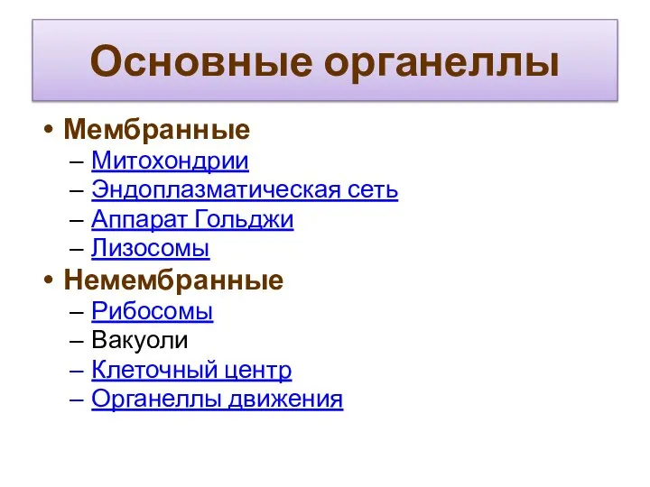 Основные органеллы Мембранные Митохондрии Эндоплазматическая сеть Аппарат Гольджи Лизосомы Немембранные Рибосомы Вакуоли Клеточный центр Органеллы движения