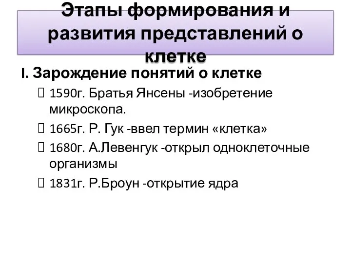 Этапы формирования и развития представлений о клетке I. Зарождение понятий о