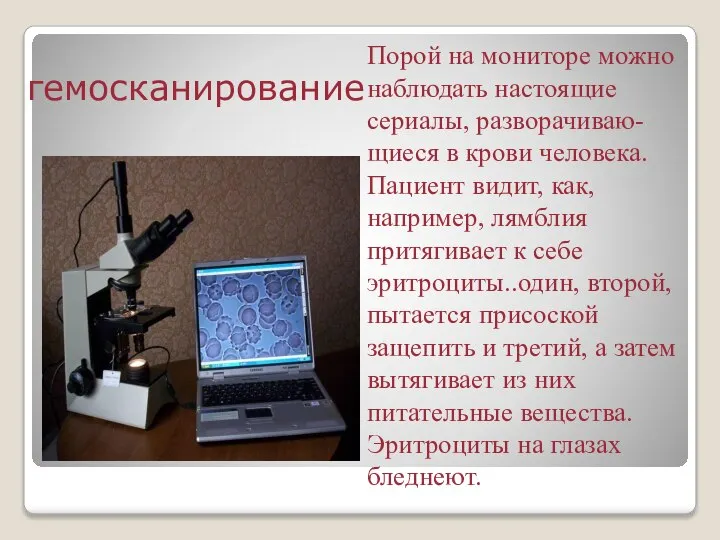 гемосканирование Порой на мониторе можно наблюдать настоящие сериалы, разворачиваю-щиеся в крови