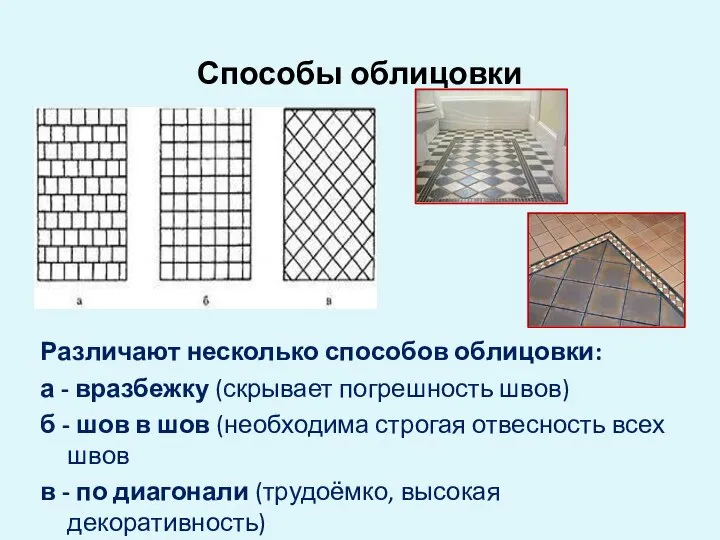 Способы облицовки Различают несколько способов облицовки: а - вразбежку (скрывает погрешность