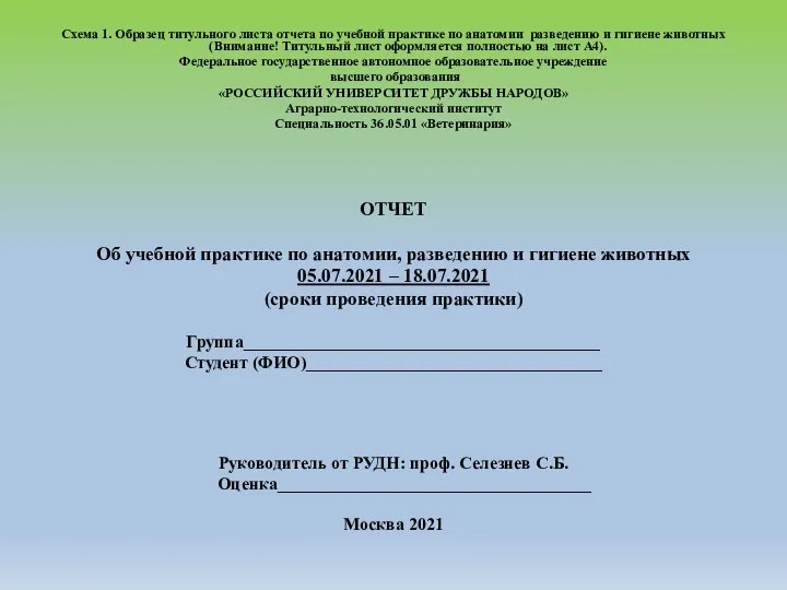 Схема 1. Образец титульного листа отчета по учебной практике по анатомии