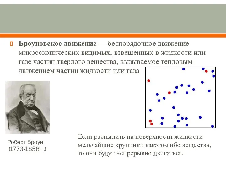 Броуновское движение — беспорядочное движение микроскопических видимых, взвешенных в жидкости или