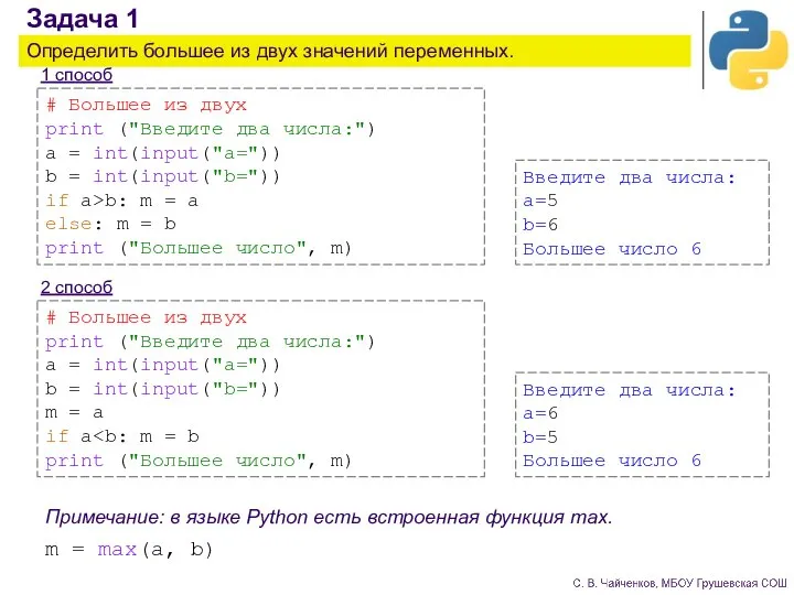 Задача 1 Определить большее из двух значений переменных. 1 способ 2