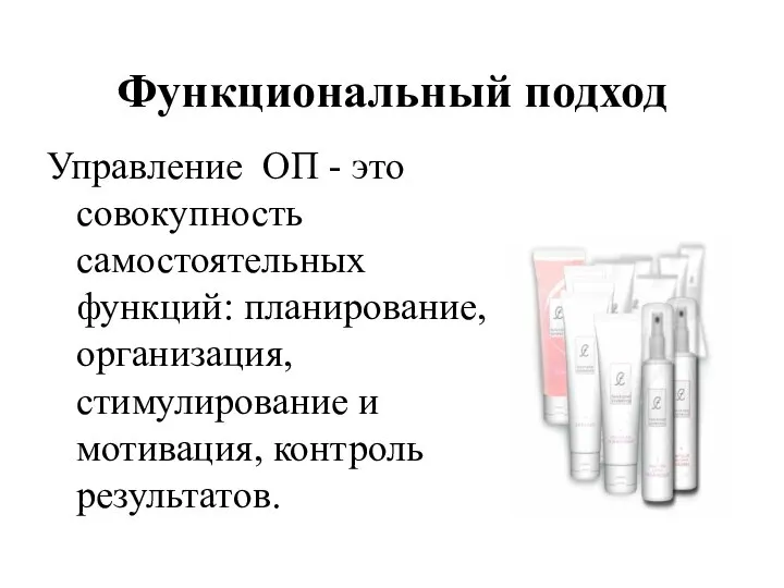 Функциональный подход Управление ОП - это совокупность самостоятельных функций: планирование, организация, стимулирование и мотивация, контроль результатов.