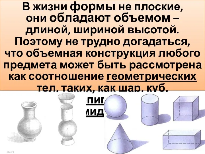 В жизни формы не плоские, они обладают объемом – длиной, шириной