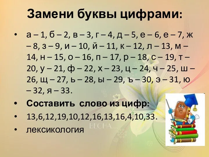 Замени буквы цифрами: а – 1, б – 2, в –