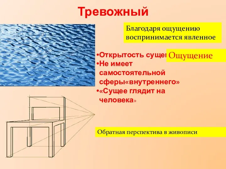 Тревожный Открытость сущему Не имеет самостоятельной сферы«внутреннего» «Сущее глядит на человека»