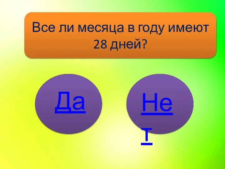 Все ли месяца в году имеют 28 дней? Нет Да