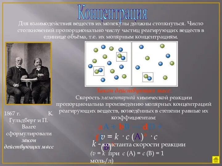 Концентрация Для взаимодействия веществ их молекулы должны столкнуться. Число столкновений пропорционально
