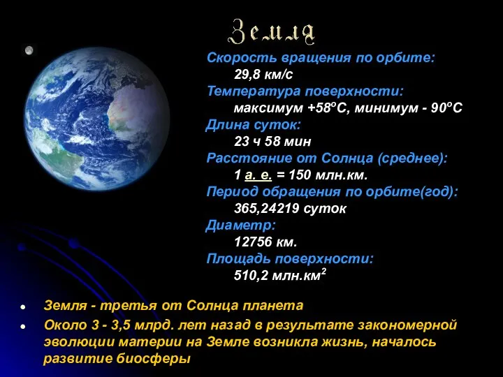 Земля - третья от Солнца планета Около 3 - 3,5 млрд.