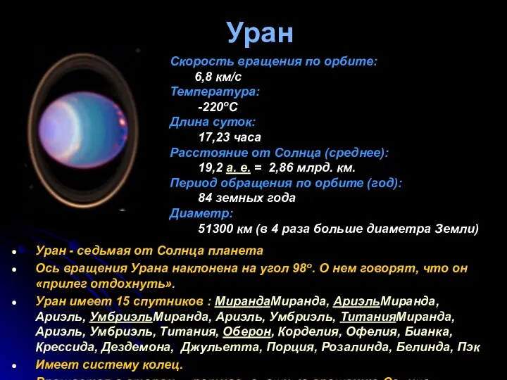 Уран Уран - седьмая от Солнца планета Ось вращения Урана наклонена