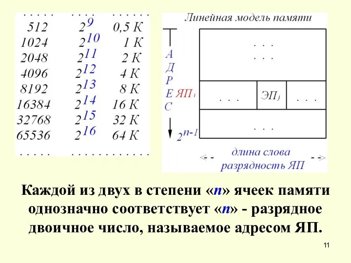 Каждой из двух в степени «n» ячеек памяти однозначно соответствует «n»