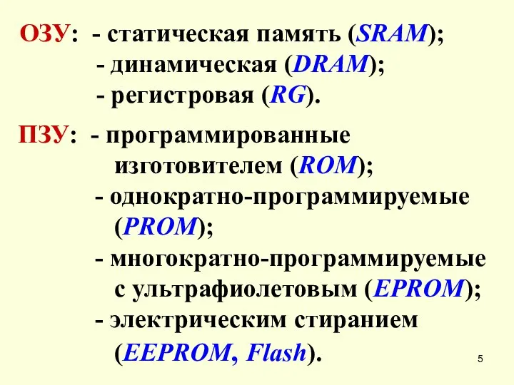 ОЗУ: - статическая память (SRAM); - динамическая (DRAM); - регистровая (RG).