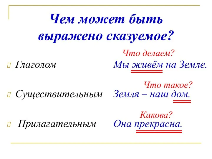 Чем может быть выражено сказуемое? Глаголом Существительным Прилагательным Мы живём на