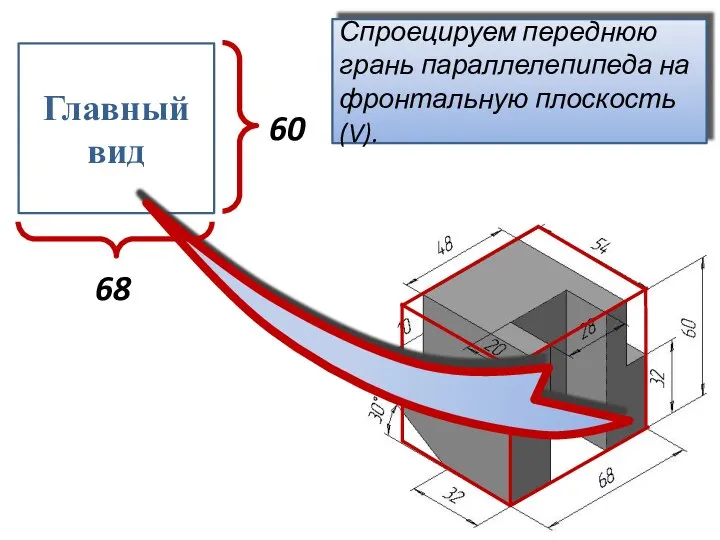 Главный вид 60 68 Спроецируем переднюю грань параллелепипеда на фронтальную плоскость (V).