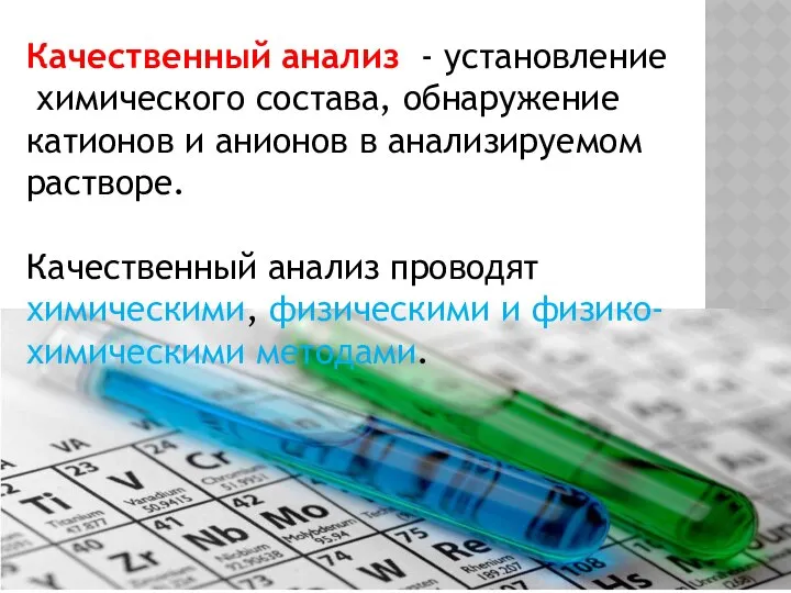 Качественный анализ - установление химического состава, обнаружение катионов и анионов в