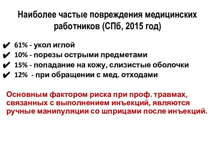 Наиболее частые повреждения медицинских работников (СПб, 2015 год) 61% - укол