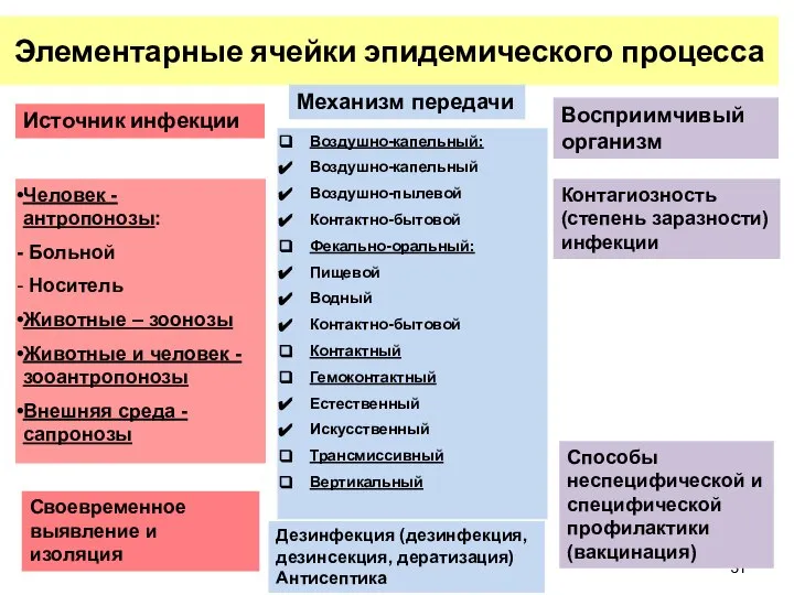 Элементарные ячейки эпидемического процесса Человек - антропонозы: Больной Носитель Животные –