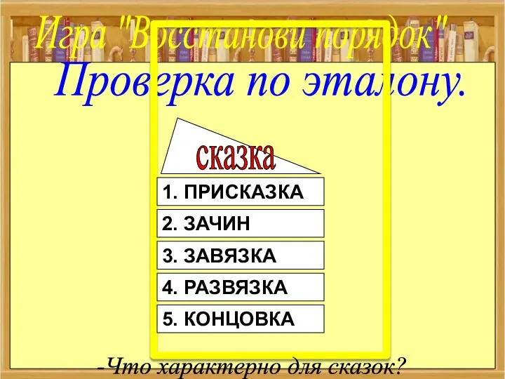 Игра "Восстанови порядок" Проверка по эталону. сказка -Что характерно для сказок?