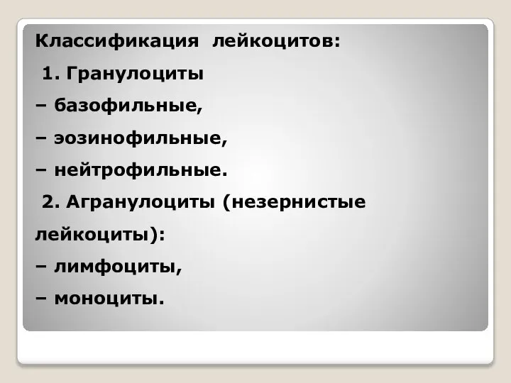 Классификация лейкоцитов: 1. Гранулоциты – базофильные, – эозинофильные, – нейтрофильные. 2.