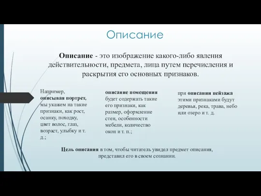 Описание Описание - это изображение какого-либо явления действительности, предмета, лица путем