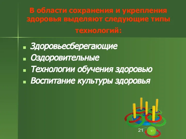 В области сохранения и укрепления здоровья выделяют следующие типы технологий: Здоровьесберегающие