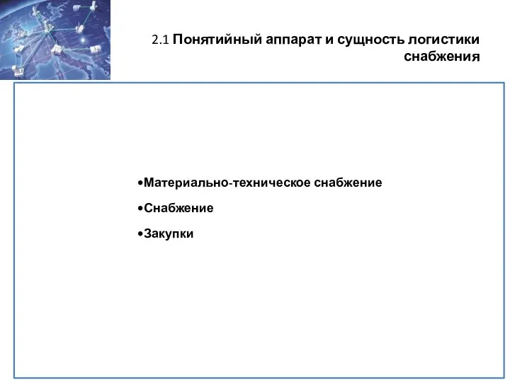 2.1 Понятийный аппарат и сущность логистики снабжения Материально-техническое снабжение Снабжение Закупки