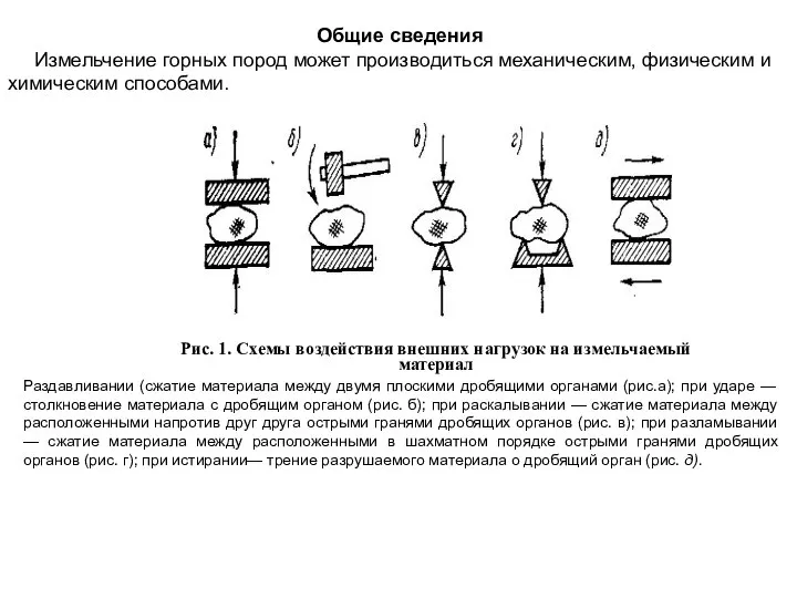 Общие сведения Измельчение горных пород может производиться механическим, физическим и химическим